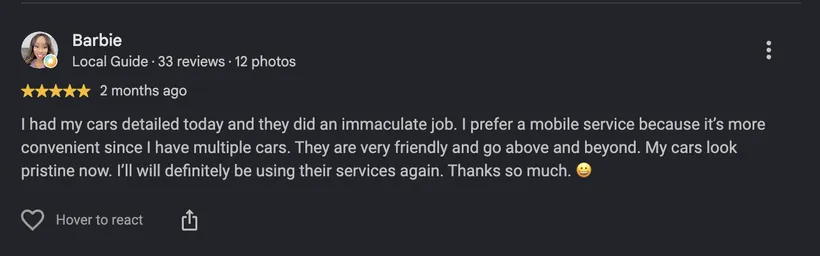 Google review screenshot from Barbie: 5 stars, immaculate job on multiple cars with friendly mobile service