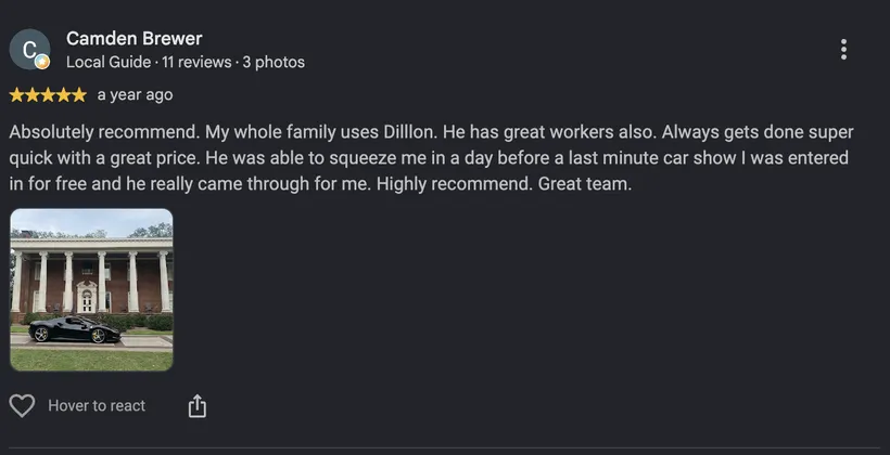 Google review screenshot from Camden Brewer: 5 stars, his whole family uses Dillon for quick, fairly priced detailing
