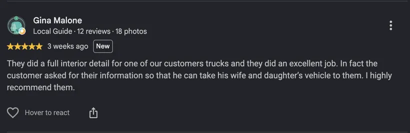 Google review screenshot from Gina Malone: 5 stars for a full interior detail on a customer's truck