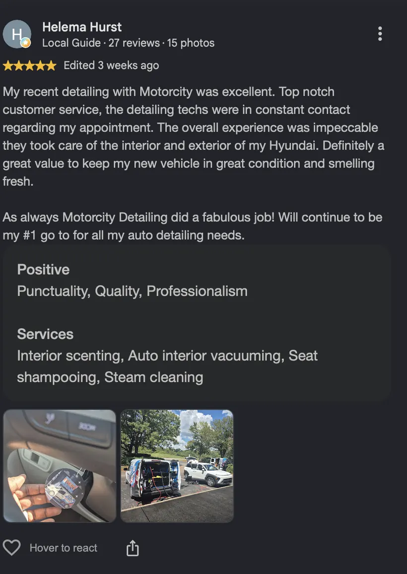 Google review screenshot from Helema Hurst: 5 stars for interior and exterior detailing of her Hyundai