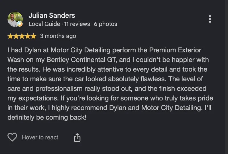 Google review screenshot from Julian Sanders: 5 stars for the Premium Exterior Wash on his Bentley Continental GT