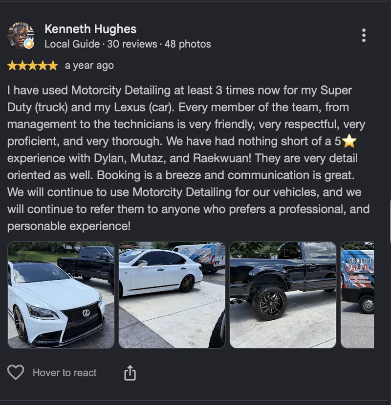 Google review screenshot from Kenneth Hughes: 5 stars, a repeat Motorcity customer with his Super Duty and Lexus