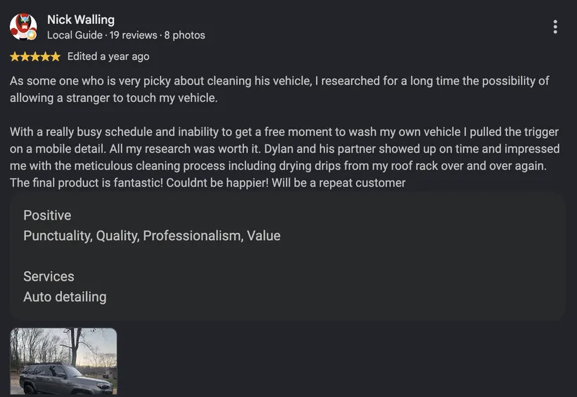 Google review screenshot from Nick Walling: 5 stars praising the meticulous mobile detailing process and final product
